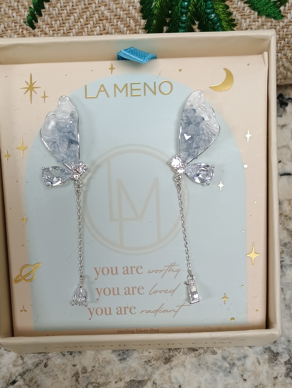 NWT La Meno DrusY Quartz Crystal Blue Butterfly Wing Drop Dangle Earrings